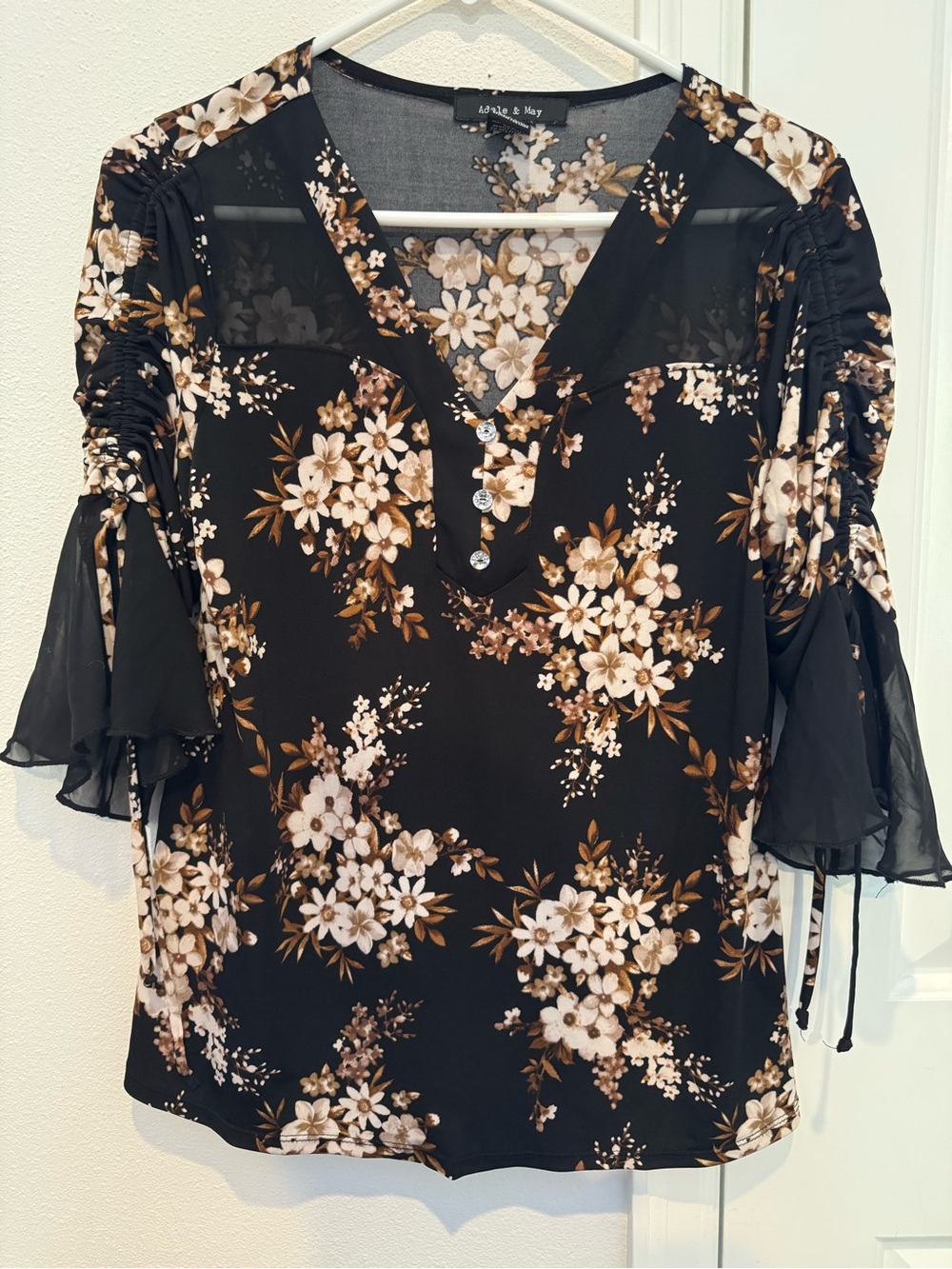 Adele & May Floral Blouse Medium Black Tie Sleeve Top